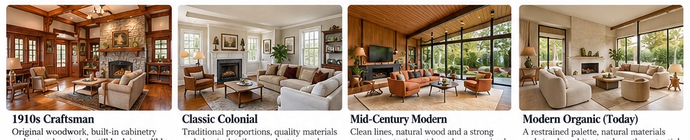 Four living rooms: a 1910s Craftsman, a Classic Colonial, a Mid-Century Modern and a Modern Organic room