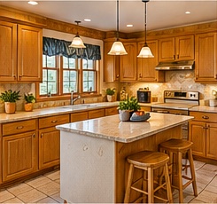 House A: a 1990s kitchen with honey oak cabinets, beige countertops and an island with two stools