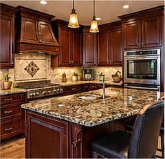 House B: a 2000s kitchen with dark cherry cabinets, a granite island and a tile backsplash