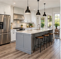 House C: a 2010s kitchen with white Shaker cabinets, a gray island, black pendant lights and gray wood-look floors