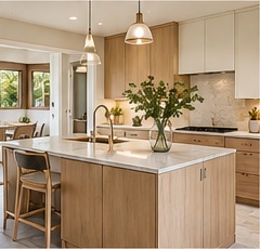House D: a 2020s kitchen with natural light oak, cream walls, a stone countertop and soft pendant lighting