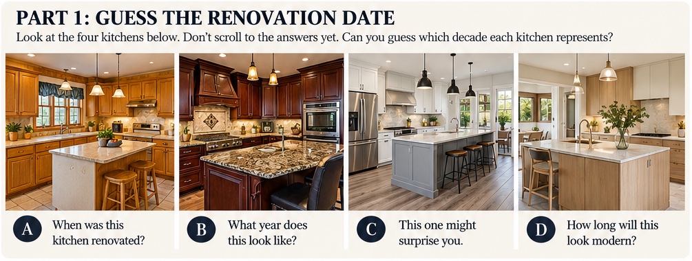 Four kitchens labelled A to D, side by side: A has honey oak cabinets and beige counters, B has dark cherry cabinets and a granite island, C has white cabinets with a gray island and gray floors, D has light oak cabinets and cream walls