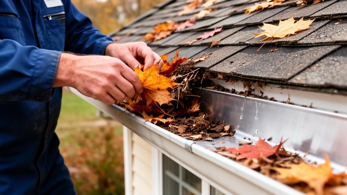 Hands clearing autumn leaves and debris from a roof gutter