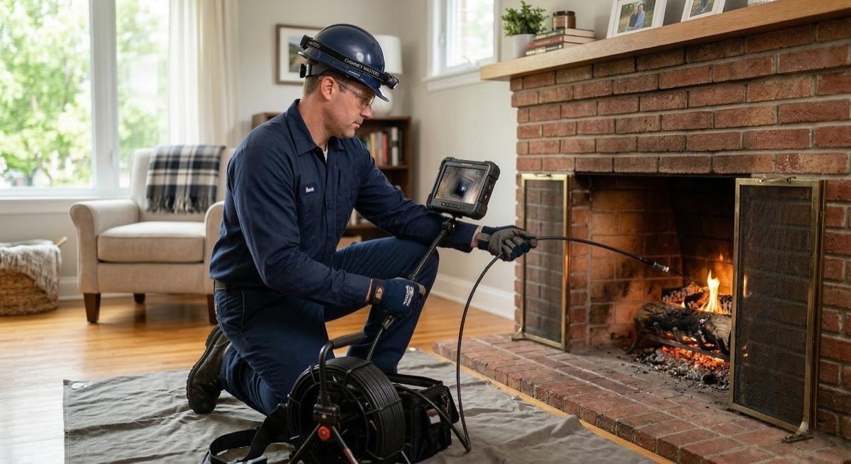 Technician inspecting a fireplace flue with a camera
