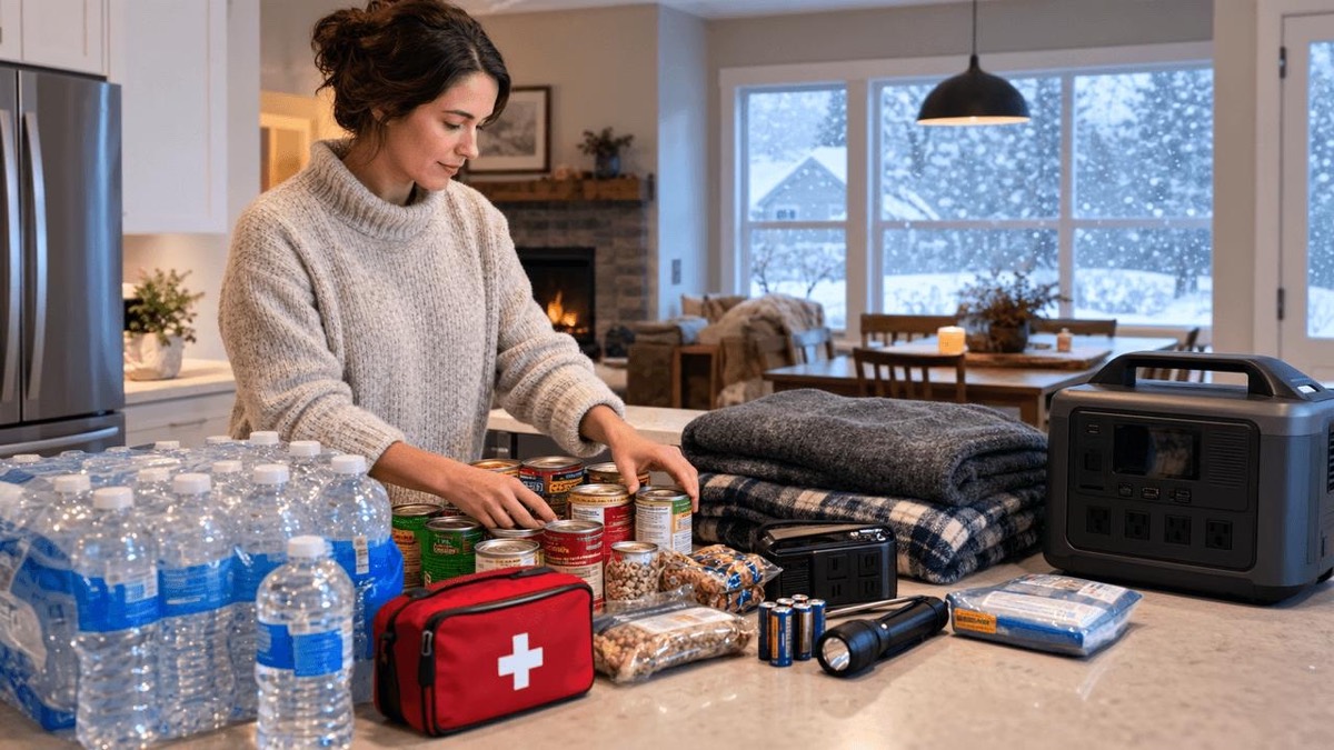 Water, canned food, blankets, flashlight and a first aid kit laid out on a kitchen counter
