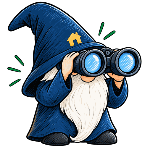 Profy, the Profylist gnome, looking through binoculars