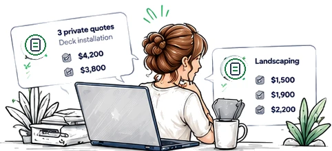 Illustration: a homeowner at her laptop comparing sample quotes for a deck and for landscaping